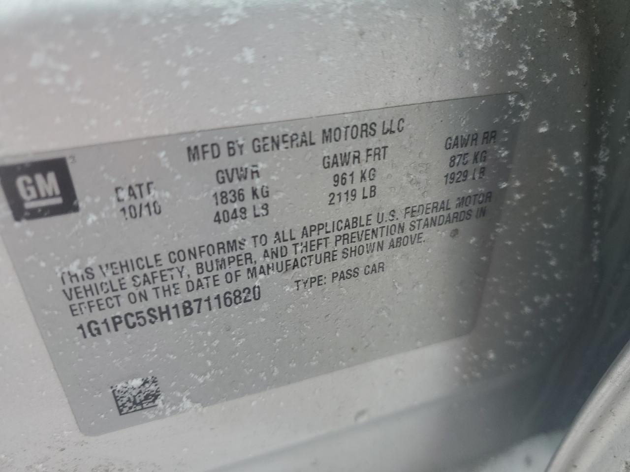 2011 Chevrolet Cruze Ls VIN: 1G1PC5SH1B7116820 Lot: 88660815