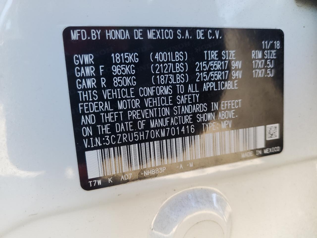 2019 Honda Hr-V Exl VIN: 3CZRU5H70KM701416 Lot: 42023665