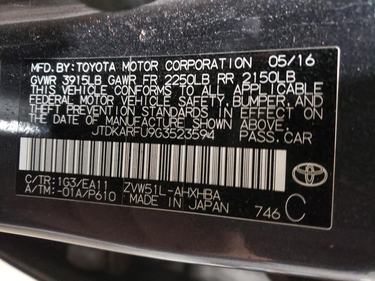 VIN JTDKARFU9G3523594 2016 TOYOTA PRIUS no.12