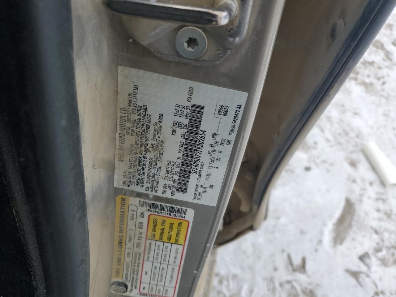 2015 Ford Fusion Se VIN: 3FA6P0H72FR302654 Lot: 89384695