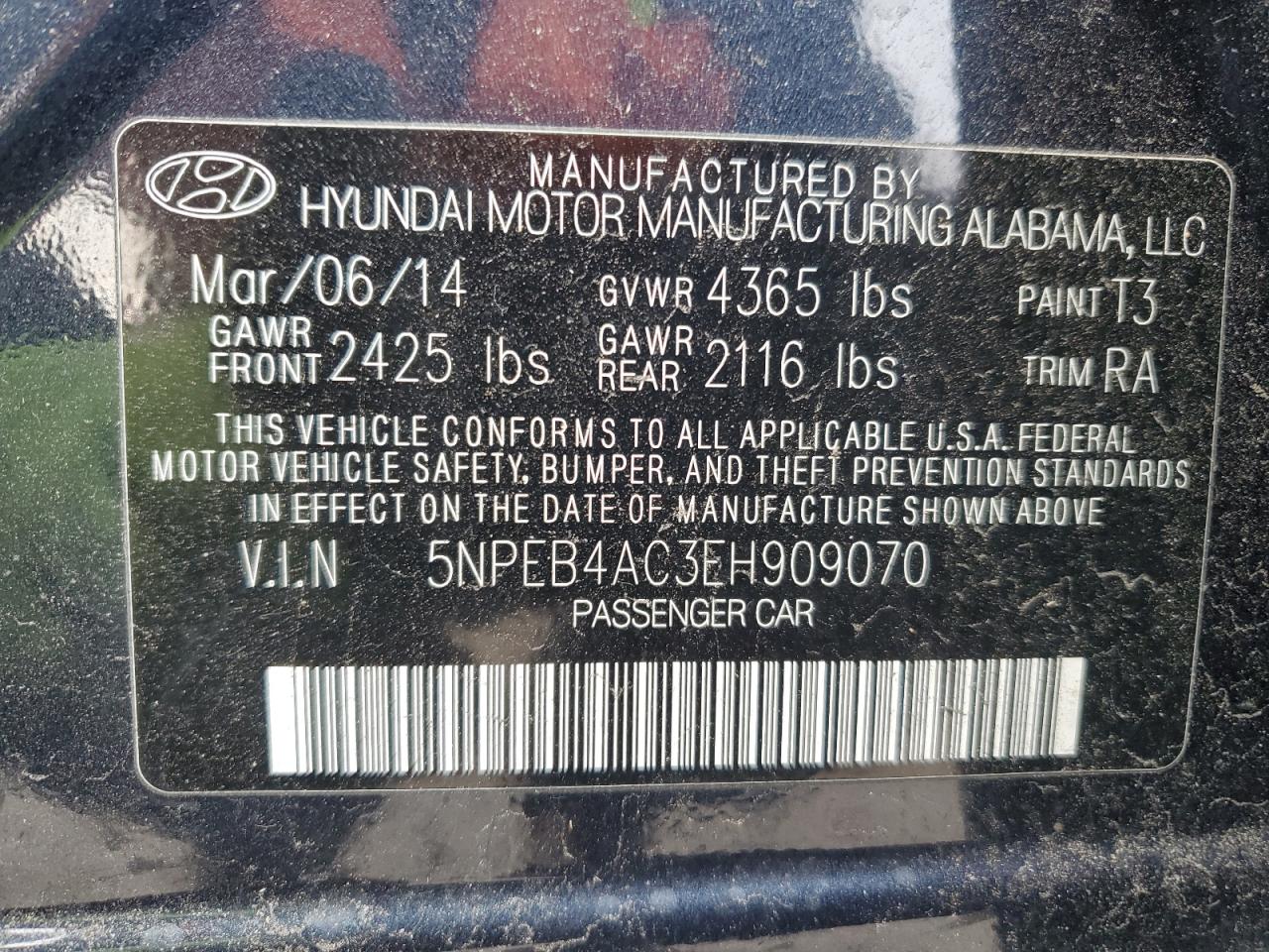 VIN 5NPEB4AC3EH909070 2014 HYUNDAI SONATA no.12