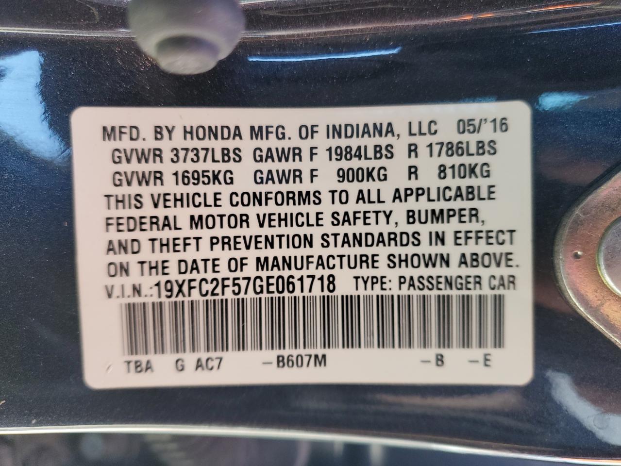 VIN 19XFC2F57GE061718 2016 HONDA CIVIC no.13