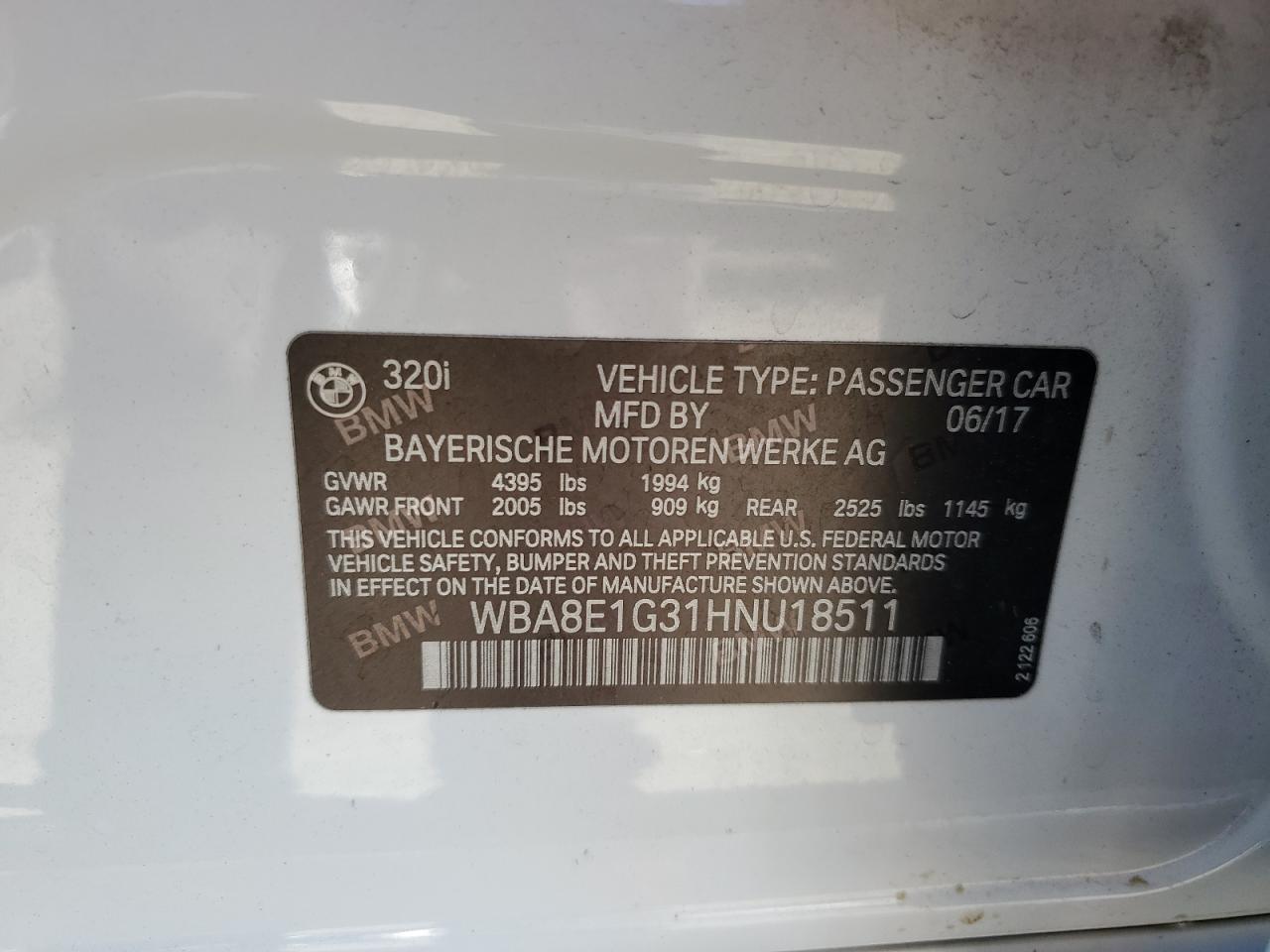 2017 BMW 320 I VIN: WBA8E1G31HNU18511 Lot: 94772595