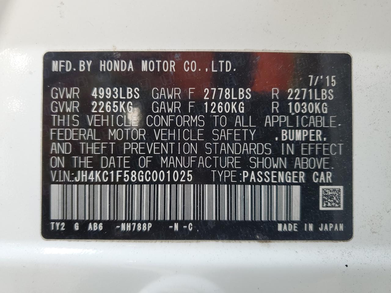 2016 Acura Rlx Tech VIN: JH4KC1F58GC001025 Lot: 88226255