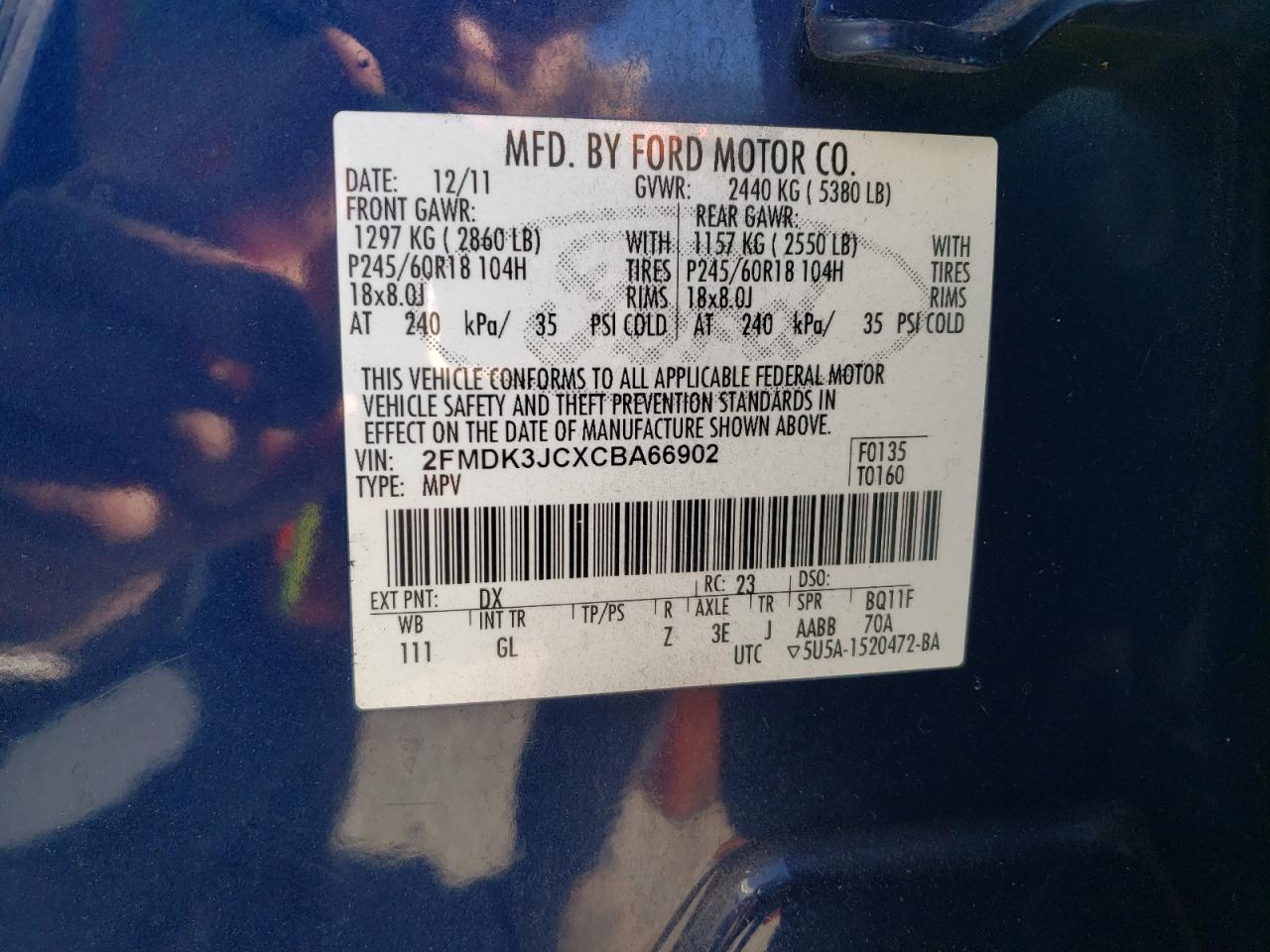 2012 Ford Edge Sel VIN: 2FMDK3JCXCBA66902 Lot: 59665095