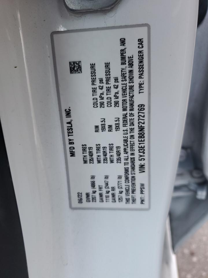2022 Tesla Model 3 VIN: 5YJ3E1EB8NF272769 Lot: 88595155