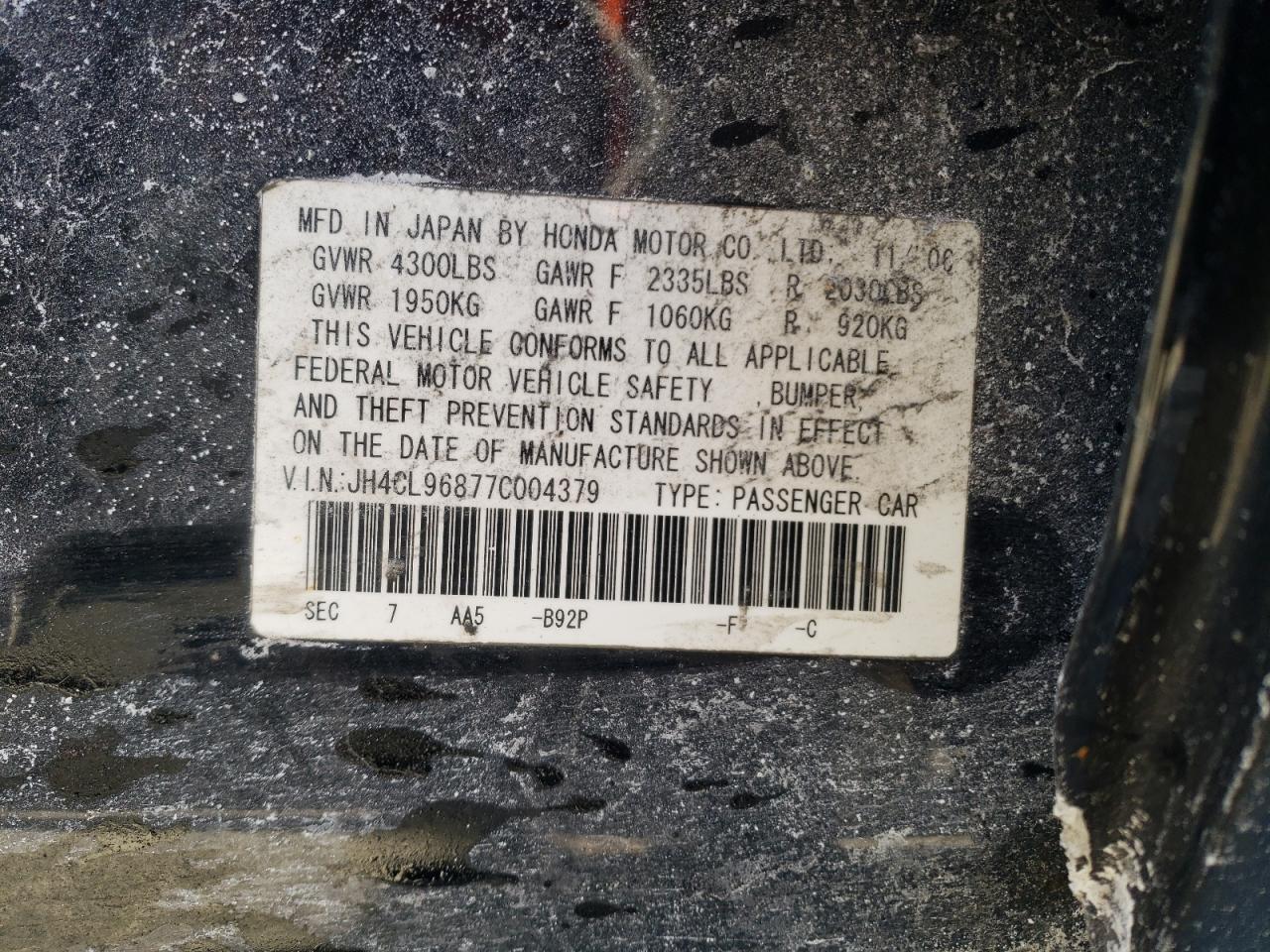 2007 Acura Tsx VIN: JH4CL96877C004379 Lot: 42435935