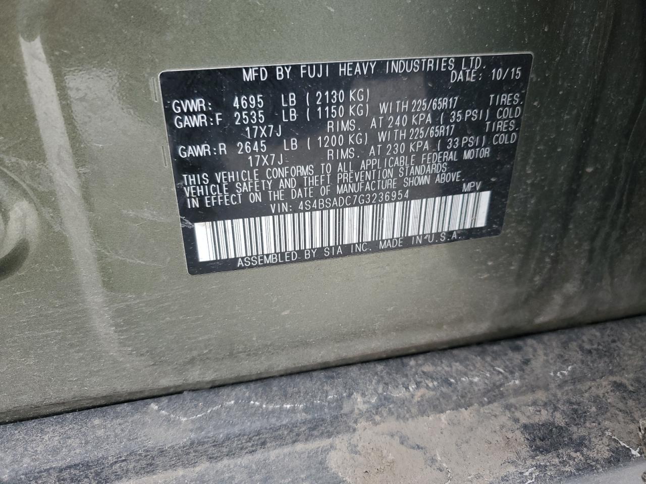 2016 Subaru Outback 2.5I Premium VIN: 4S4BSADC7G3236954 Lot: 49596775