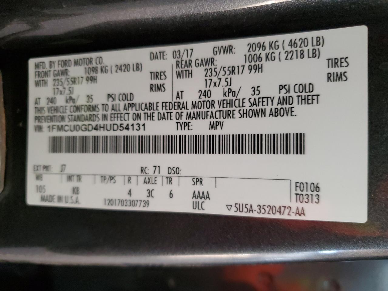 VIN 1FMCU0GD4HUD54131 2017 FORD ESCAPE no.12