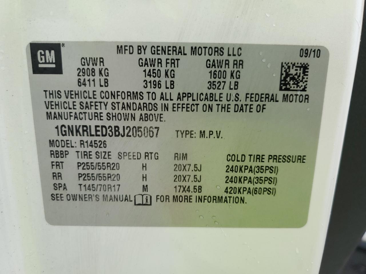 2011 Chevrolet Traverse Ltz VIN: 1GNKRLED3BJ205067 Lot: 41999645