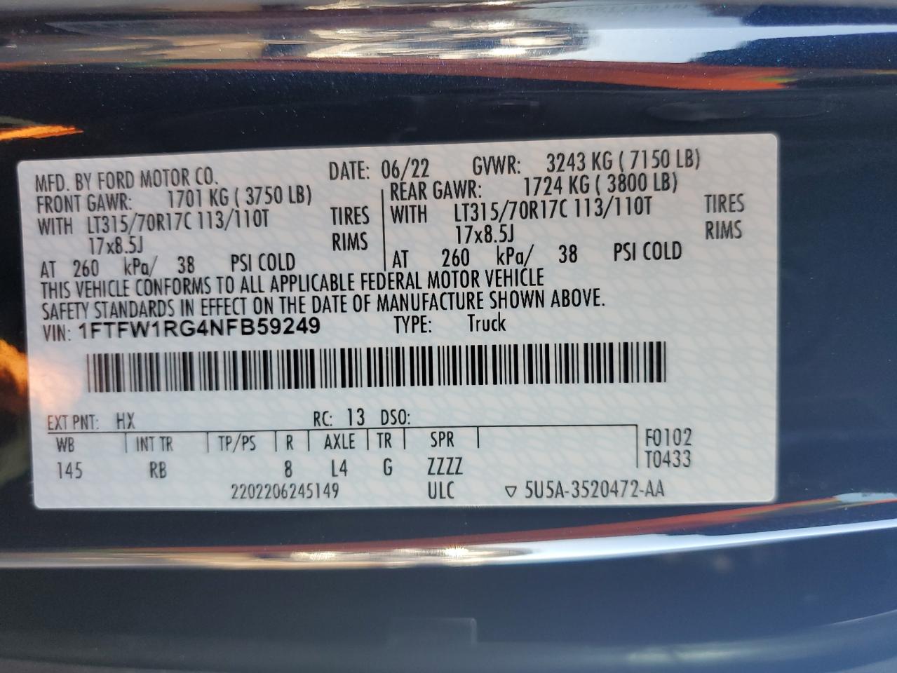 2022 Ford F150 Raptor VIN: 1FTFW1RG4NFB59249 Lot: 89358555