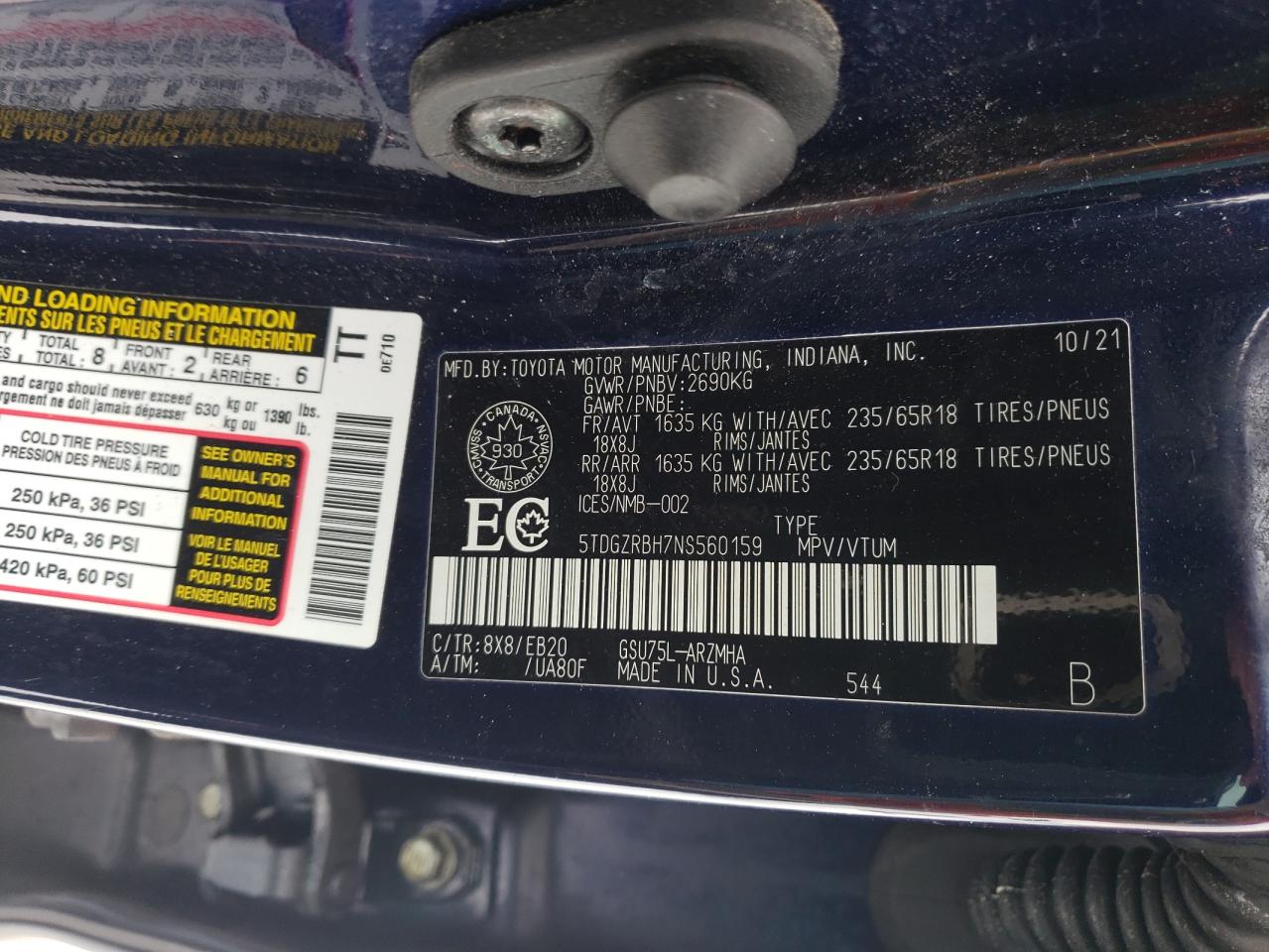 2022 Toyota Highlander Xle VIN: 5TDGZRBH7NS560159 Lot: 89290185