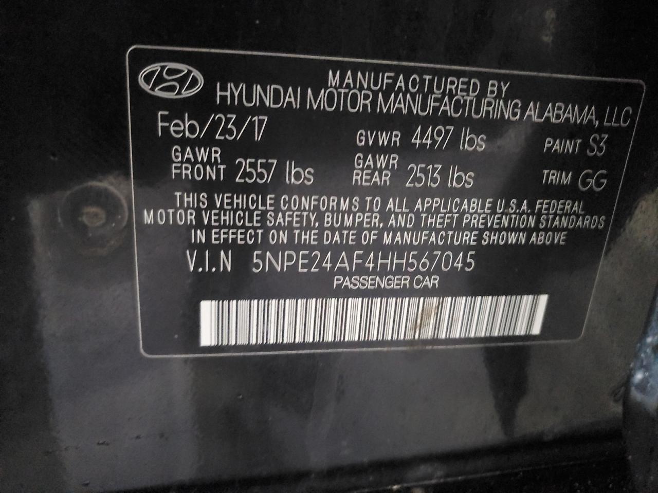 VIN 5NPE24AF4HH567045 2017 HYUNDAI SONATA no.13