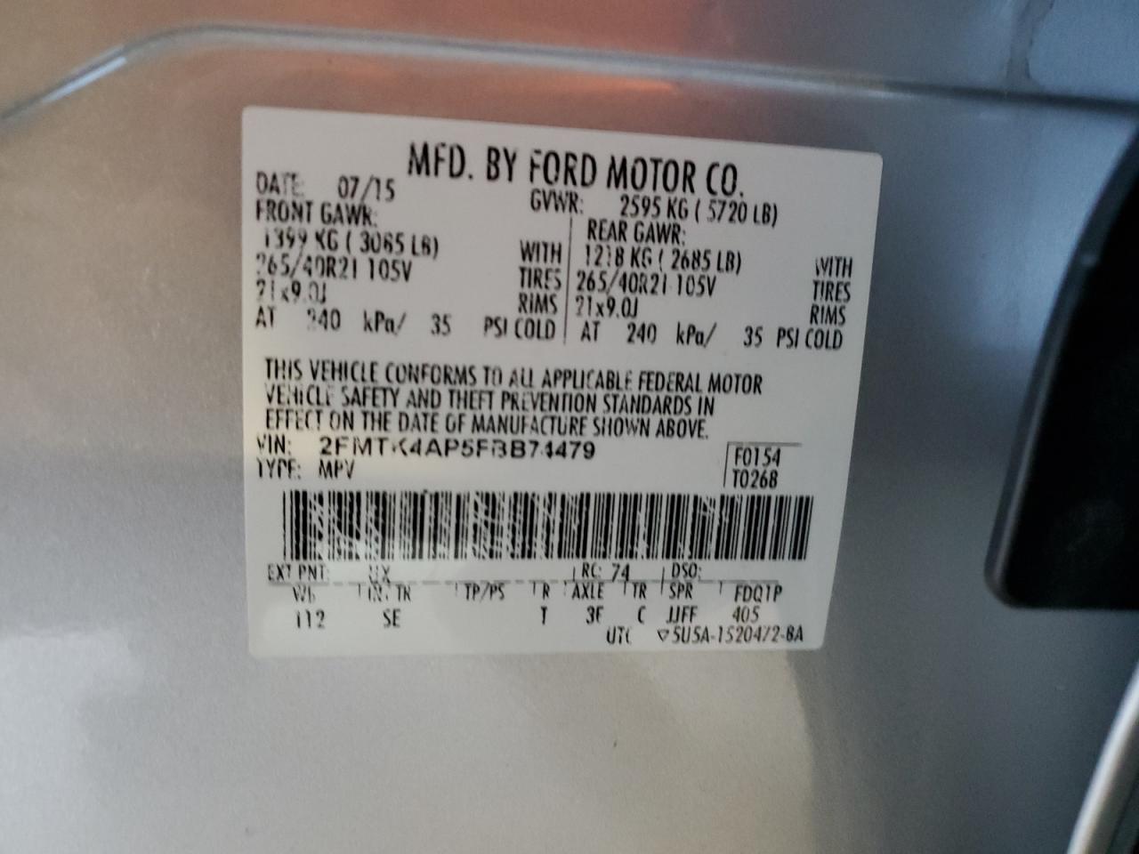 VIN 2FMTK4AP5FBB74479 2015 FORD EDGE no.14