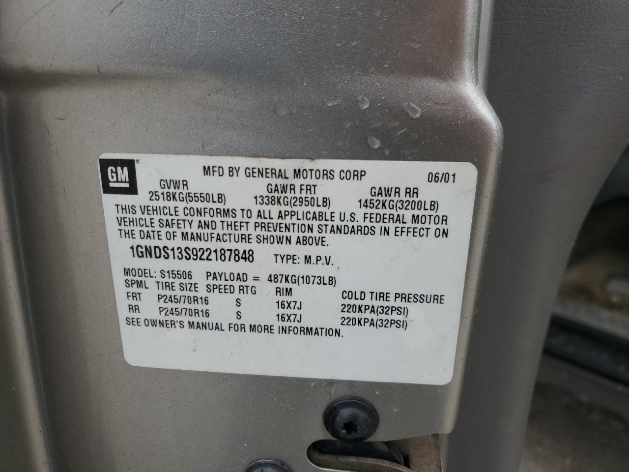 2002 Chevrolet Trailblazer VIN: 1GNDS13S922187848 Lot: 43112665