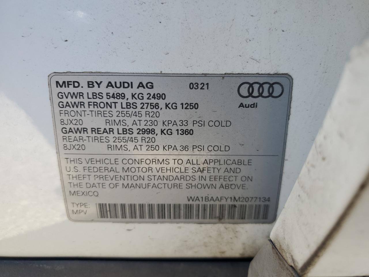 VIN WA1BAAFY1M2077134 2021 AUDI Q5 no.14