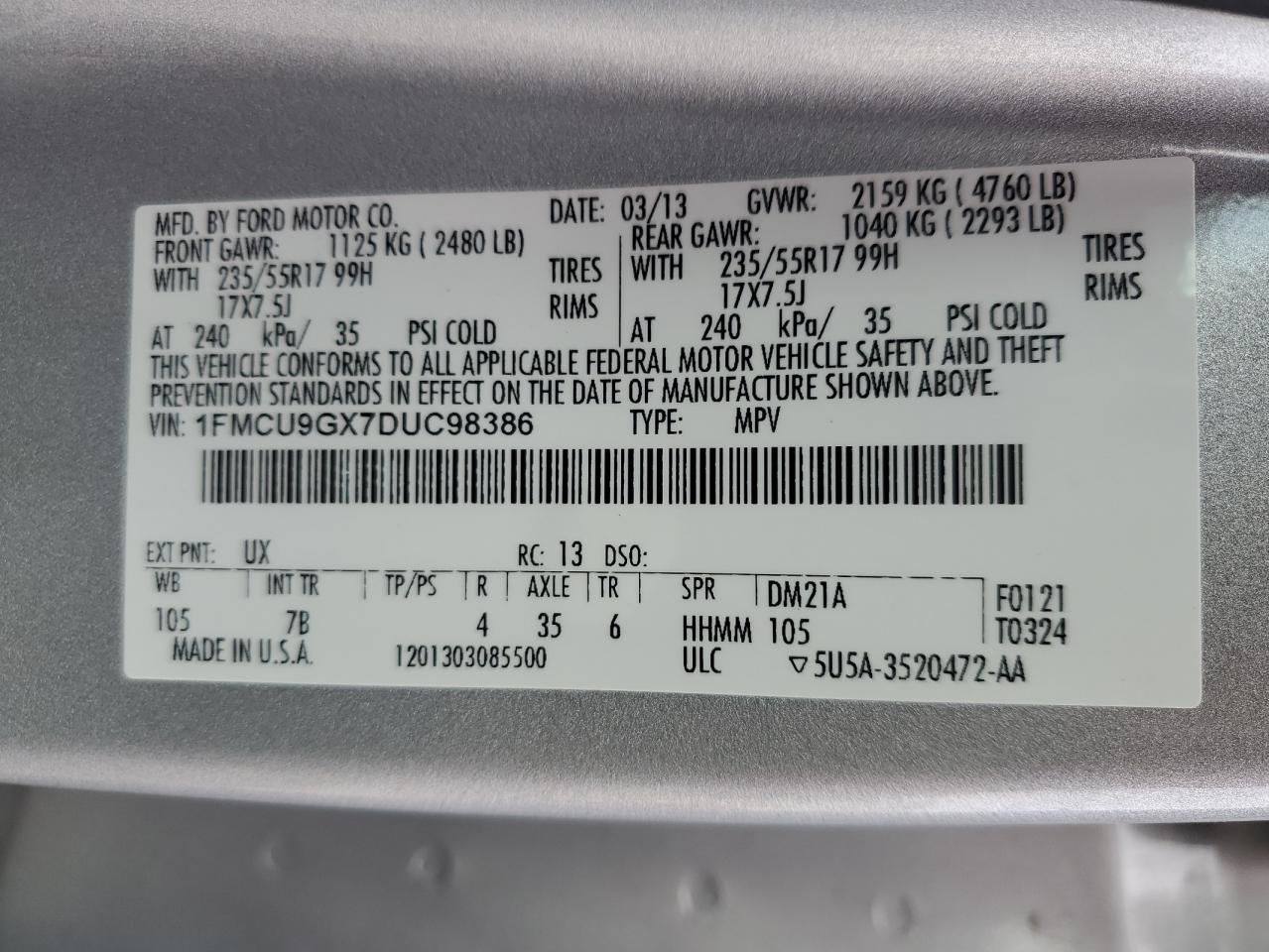 VIN 1FMCU9GX7DUC98386 2013 FORD ESCAPE no.14