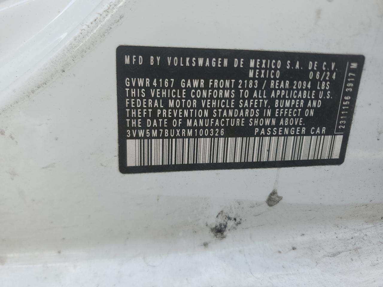 2024 Volkswagen Jetta S VIN: 3VW5M7BUXRM100326 Lot: 61861645
