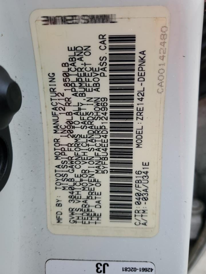 2013 Toyota Corolla Base VIN: 5YFBU4EE4DP124969 Lot: 89398095