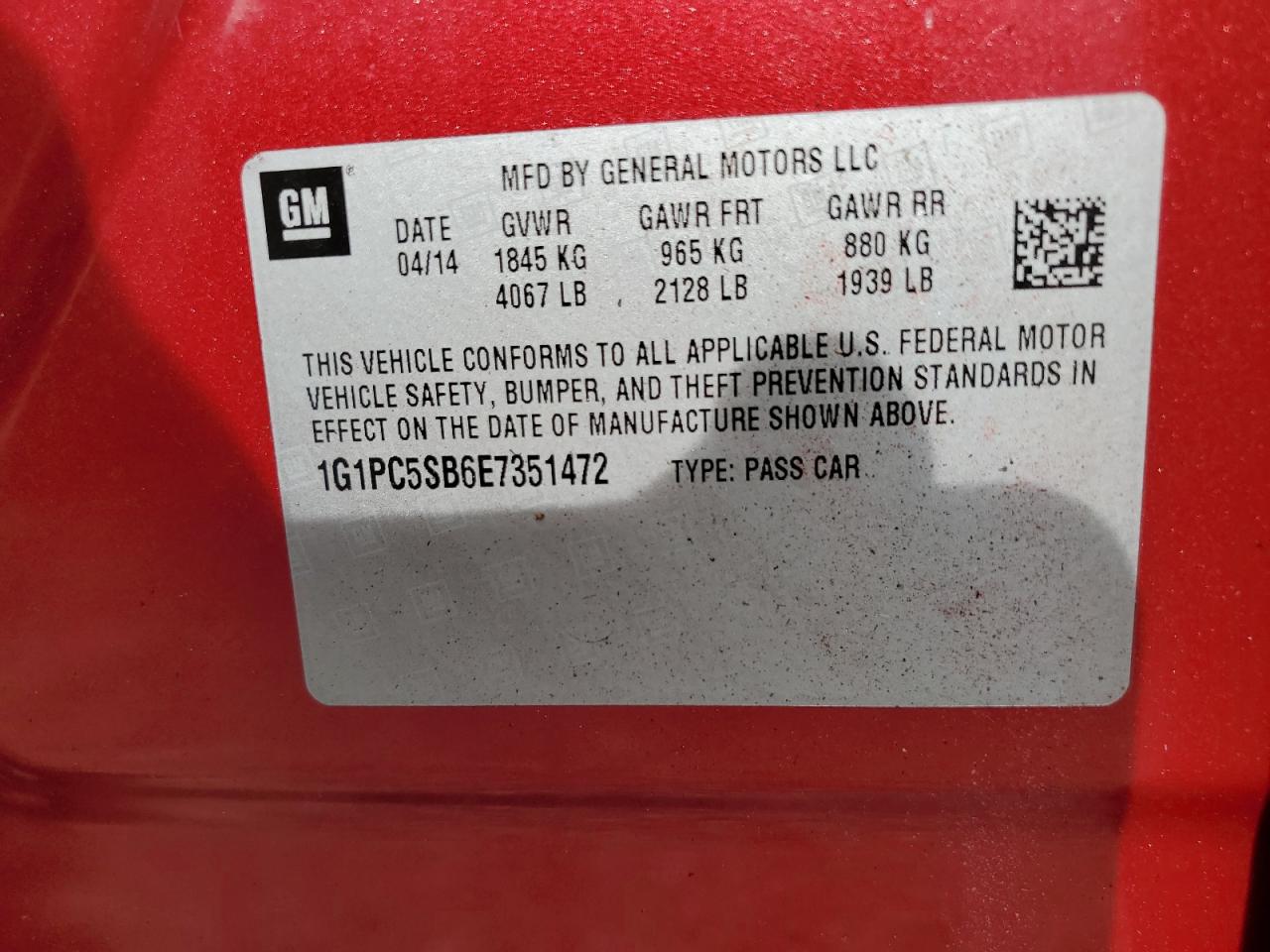 2014 Chevrolet Cruze Lt VIN: 1G1PC5SB6E7351472 Lot: 88946795