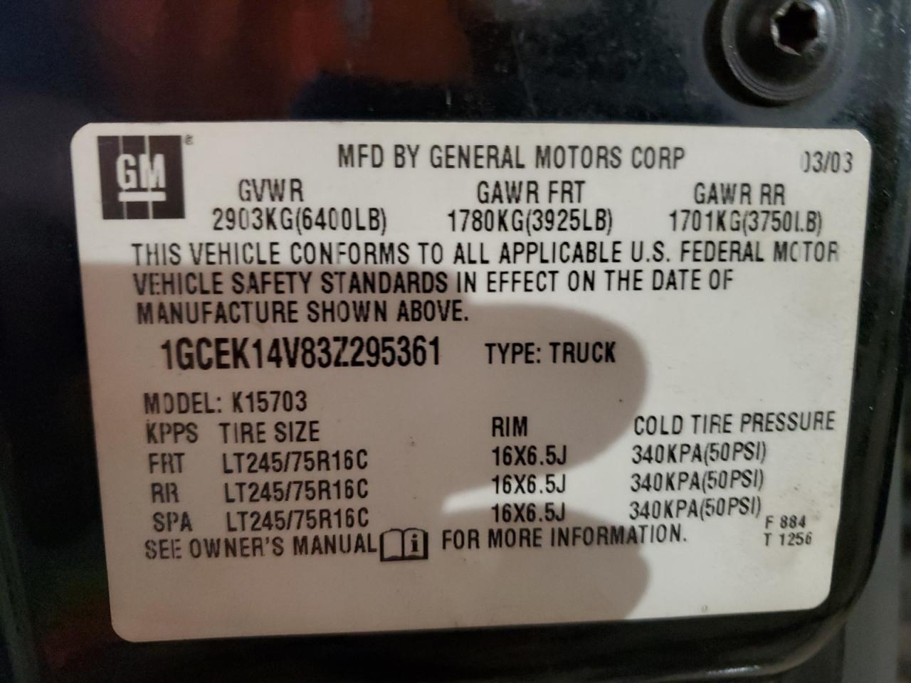 2003 Chevrolet Silverado K1500 VIN: 1GCEK14V83Z295361 Lot: 85432964