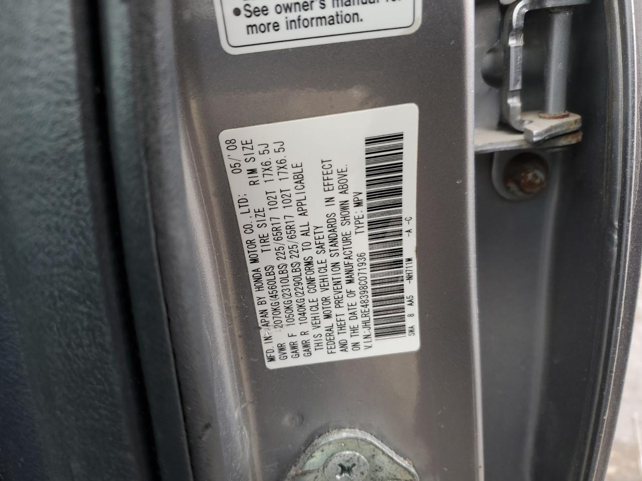 2008 Honda Cr-V Lx VIN: JHLRE48398C071936 Lot: 43154265