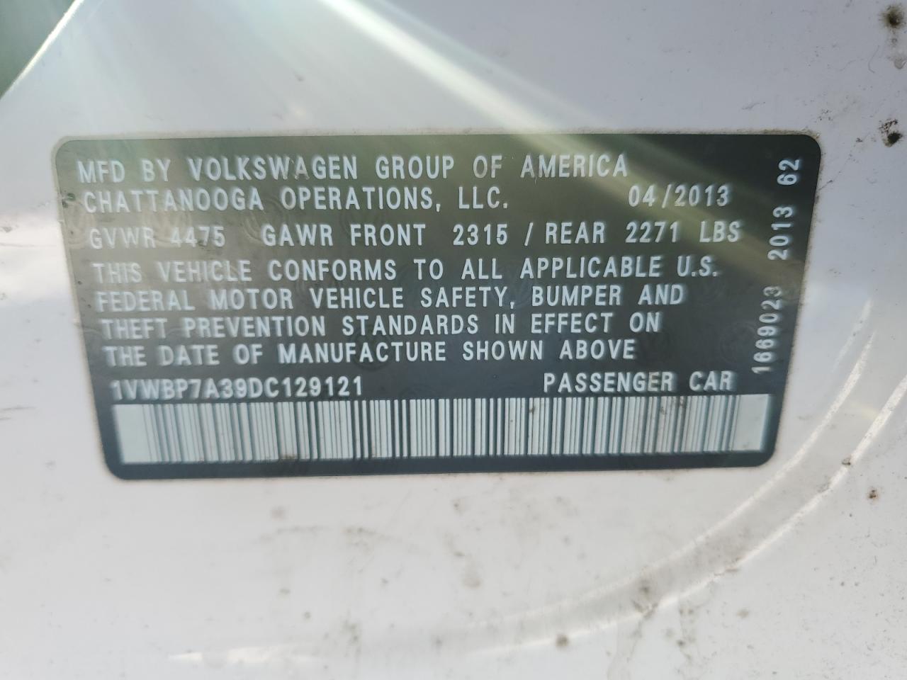 2013 Volkswagen Passat Se VIN: 1VWBP7A39DC129121 Lot: 89054585