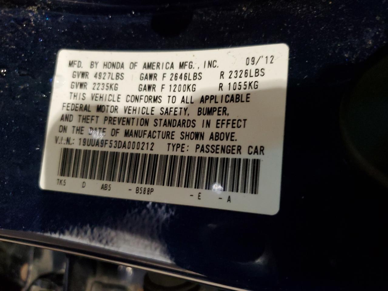 VIN 19UUA9F53DA000212 2013 ACURA TL no.12