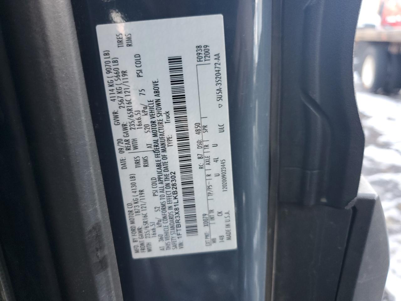 2020 Ford Transit T-250 VIN: 1FTBR3X81LKB28302 Lot: 88129275