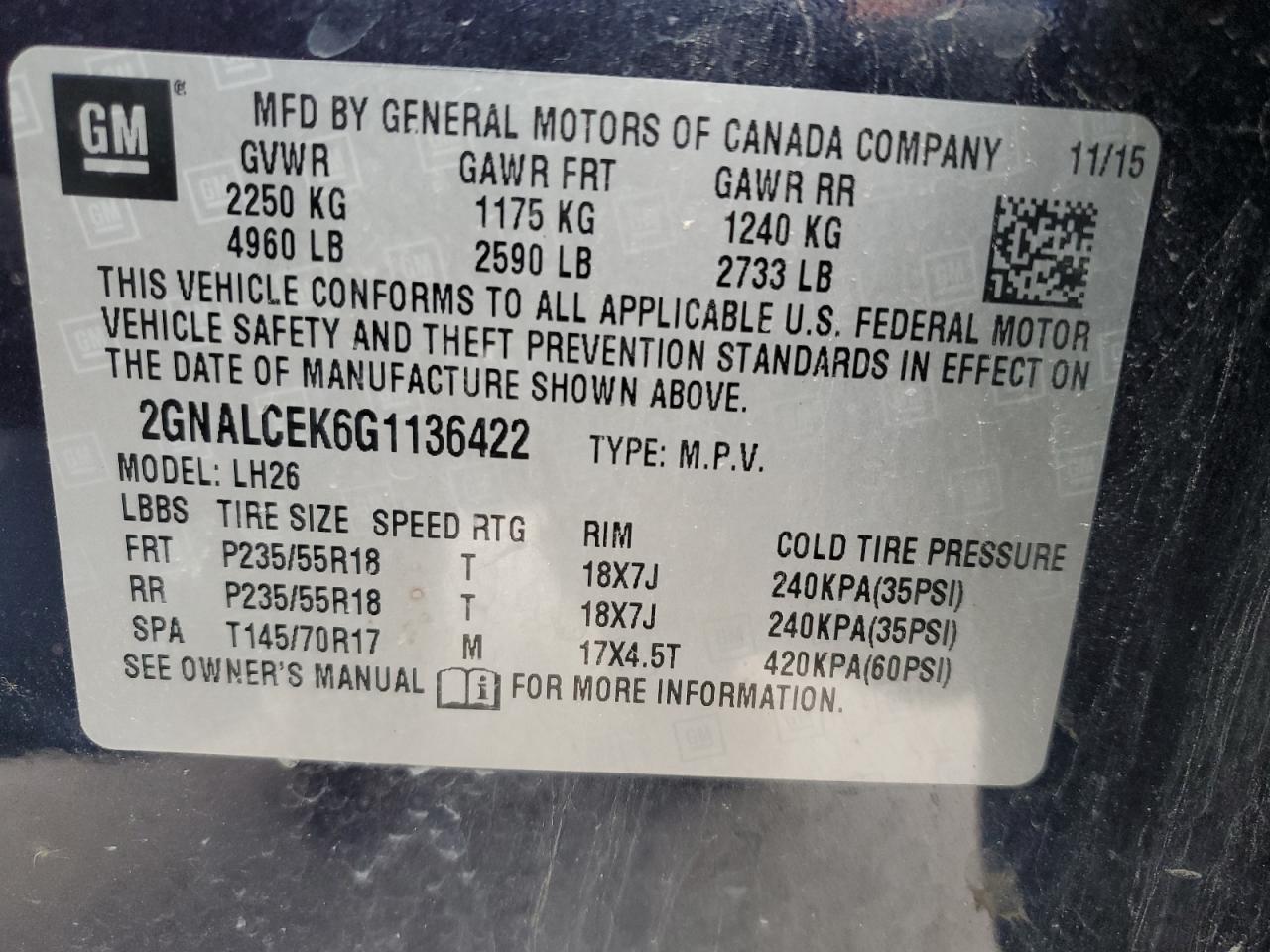 VIN 2GNALCEK6G1136422 2016 CHEVROLET EQUINOX no.12