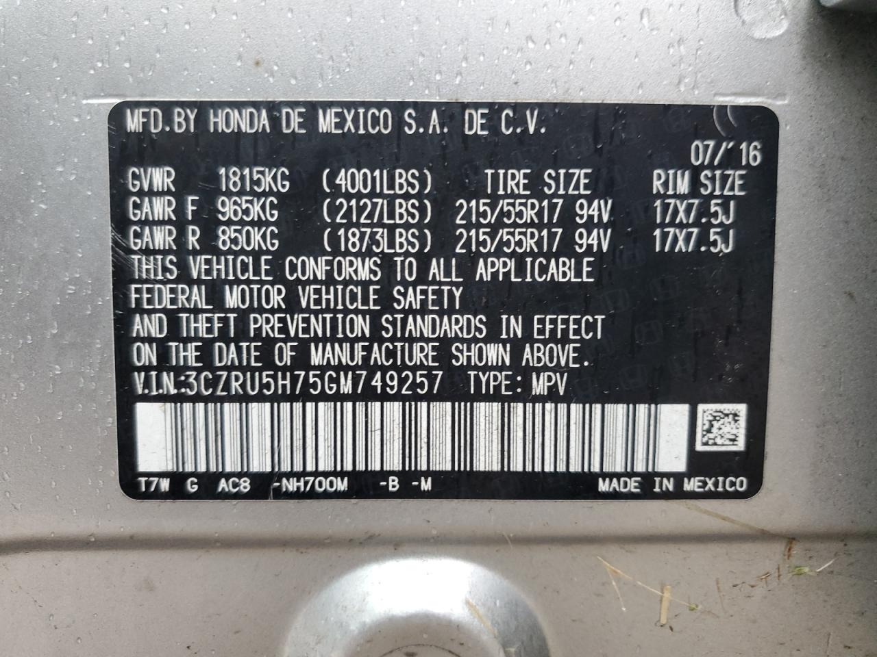 2016 Honda Hr-V Exl VIN: 3CZRU5H75GM749257 Lot: 88167525