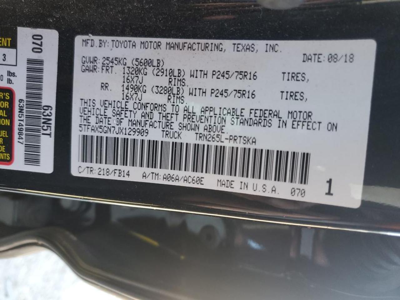 VIN 5TFAX5GN7JX129909 2018 TOYOTA TACOMA no.13