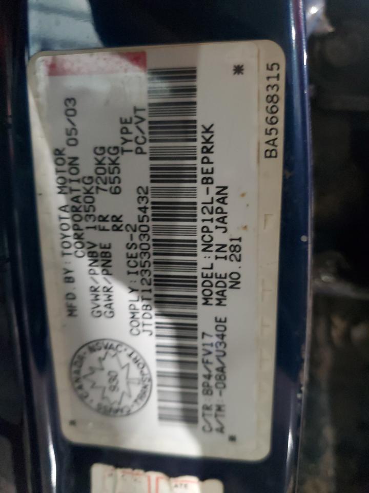 2003 Toyota Echo VIN: JTDBT123530305432 Lot: 87043224