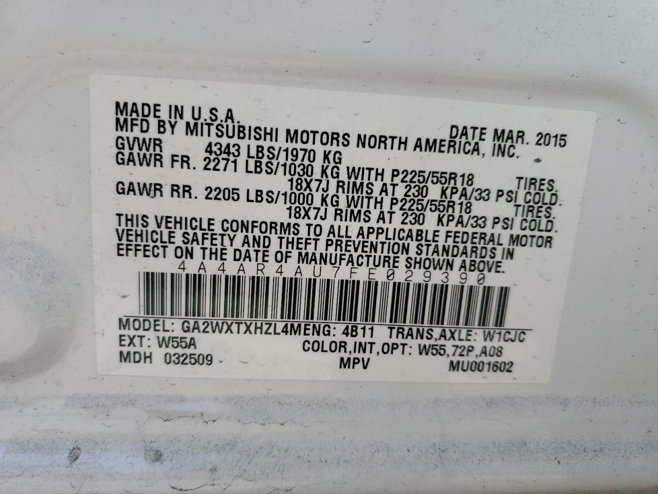 VIN 4A4AR4AU7FE029390 2015 MITSUBISHI OUTLANDER no.13