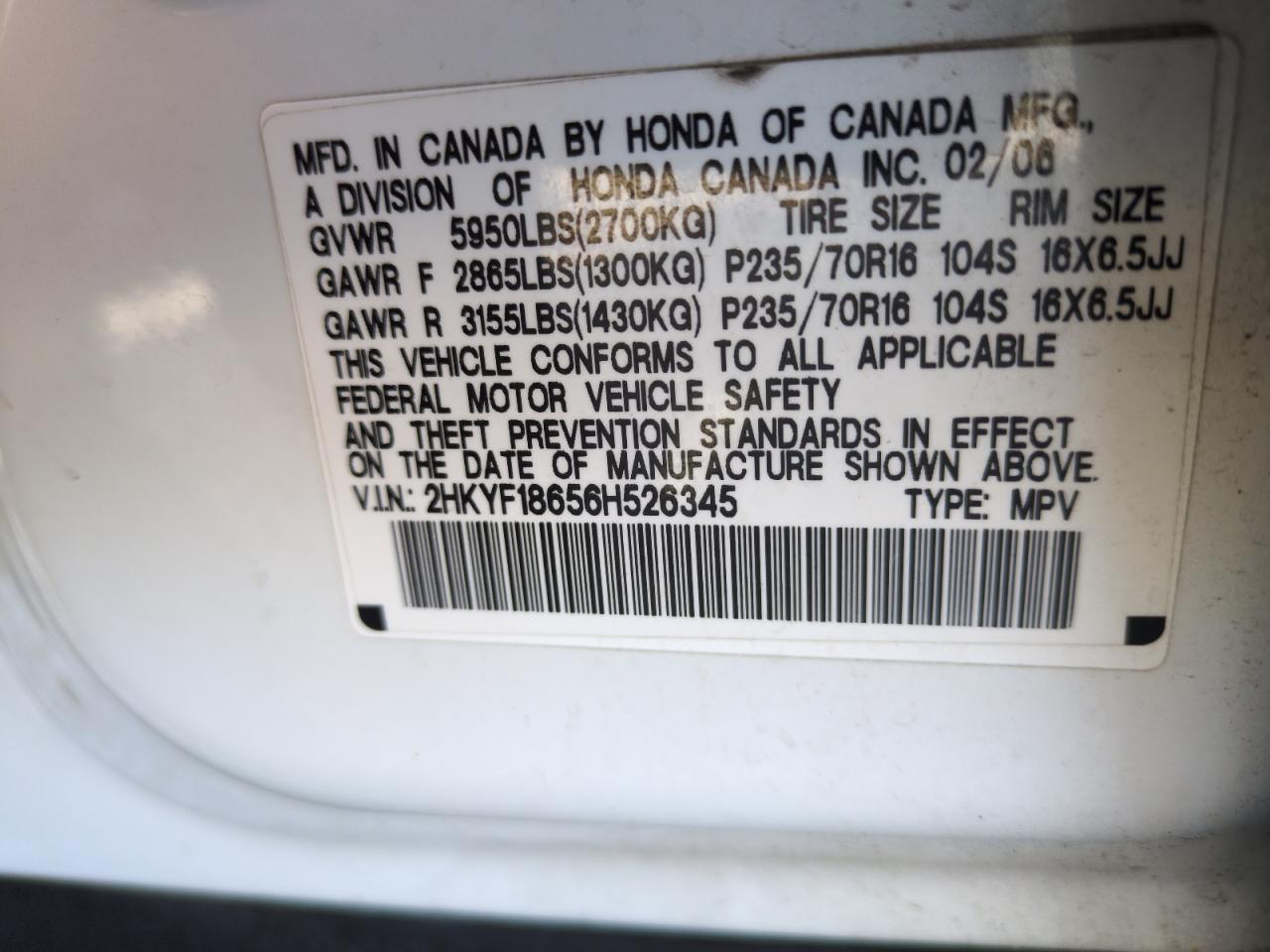 2006 Honda Pilot Ex VIN: 2HKYF18656H526345 Lot: 87485414