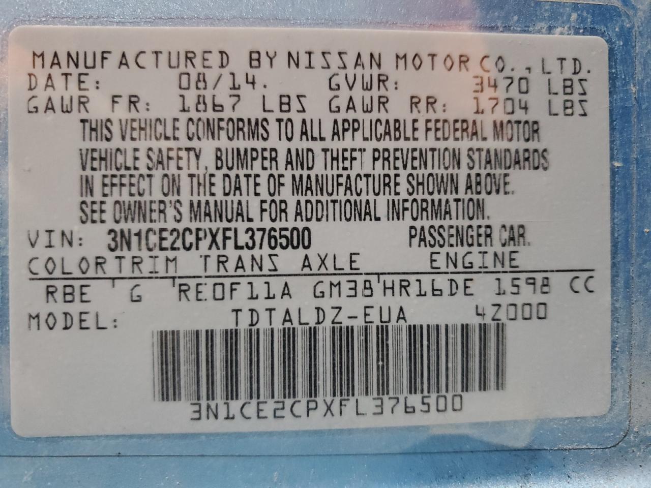 2015 Nissan Versa Note S VIN: 3N1CE2CPXFL376500 Lot: 42784175