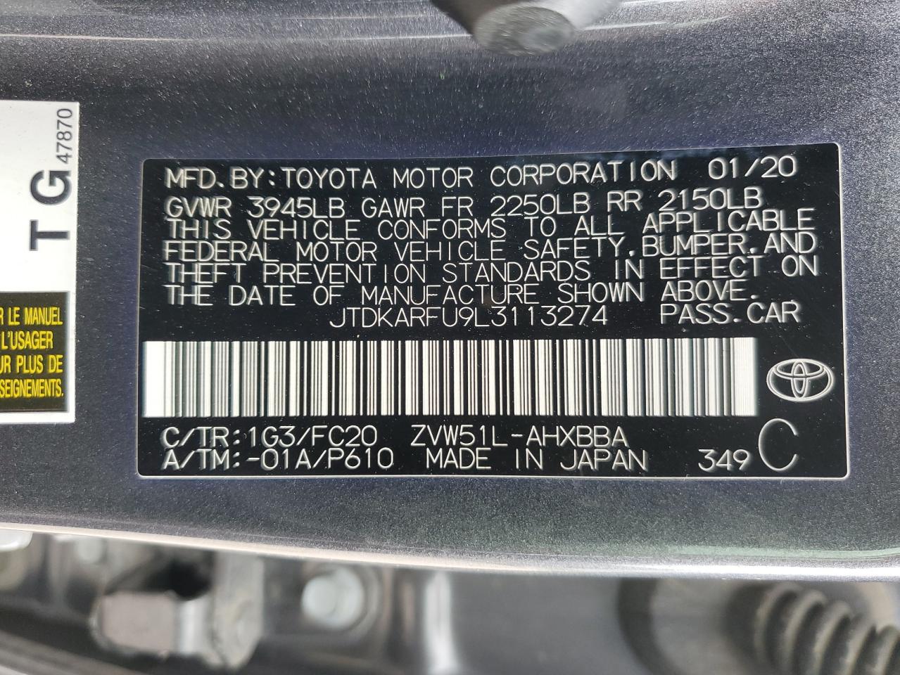 VIN JTDKARFU9L3113274 2020 TOYOTA PRIUS no.12