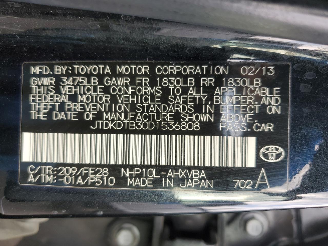 VIN JTDKDTB30D1536808 2013 TOYOTA PRIUS no.12