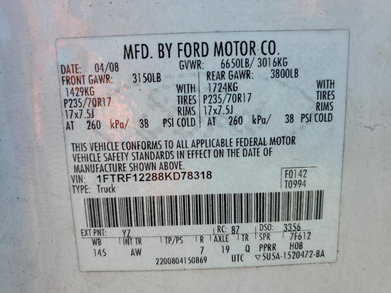 2008 Ford F150 VIN: 1FTRF12288KD78318 Lot: 88728345