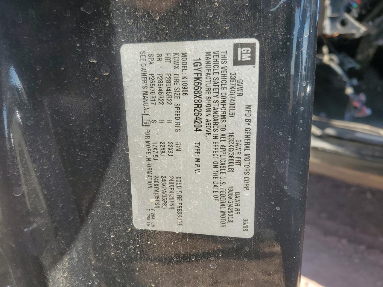 2008 Cadillac Escalade Esv VIN: 1GYFK668X8R264204 Lot: 41656755