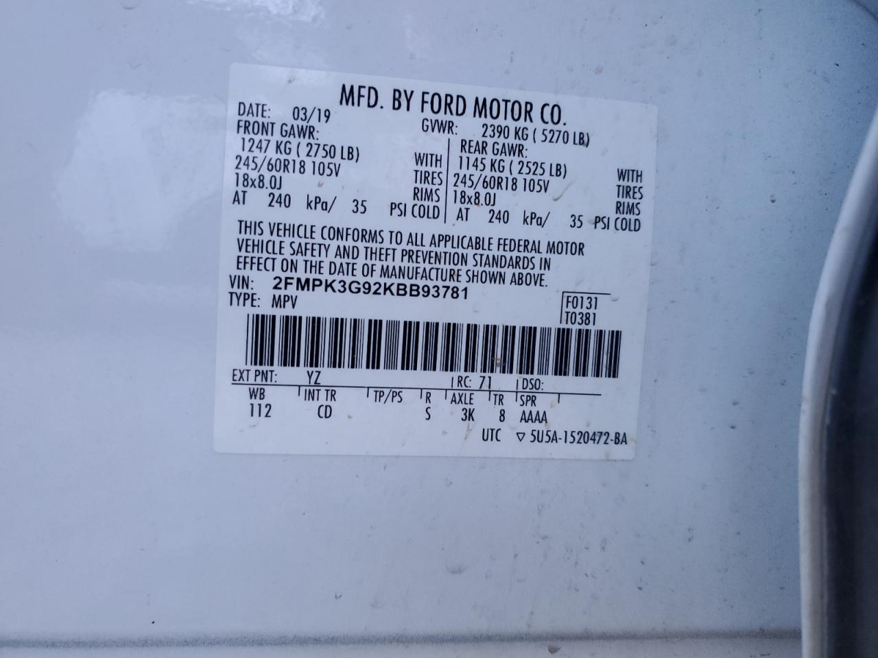 VIN 2FMPK3G92KBB93781 2019 FORD EDGE no.13