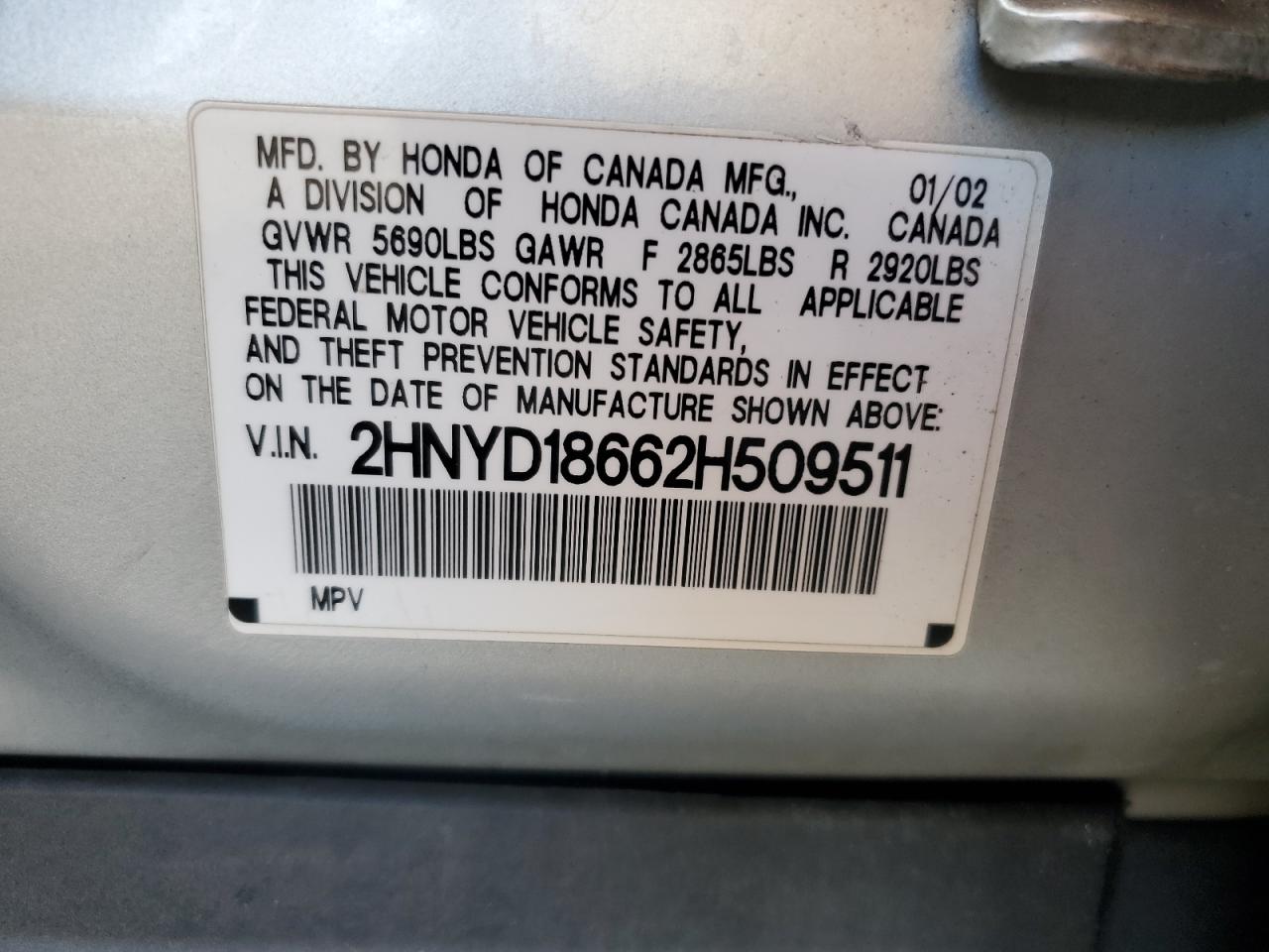 2002 Acura Mdx Touring VIN: 2HNYD18662H509511 Lot: 86264504