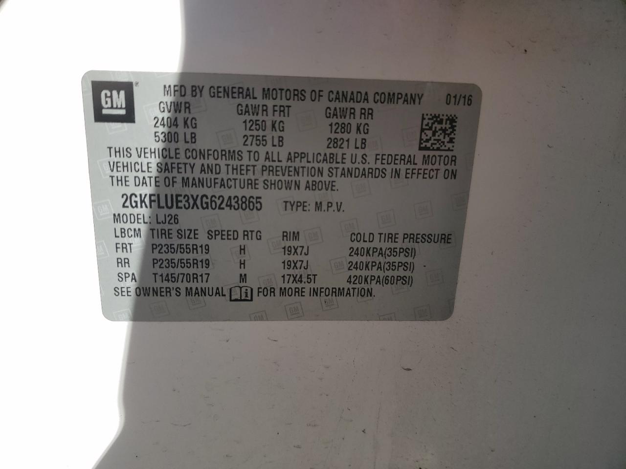 2016 GMC Terrain Slt VIN: 2GKFLUE3XG6243865 Lot: 43826965