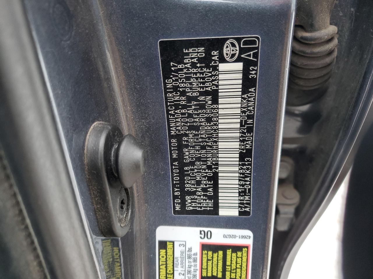 2017 Toyota Corolla L VIN: 2T1BURHEXHC838068 Lot: 88092475