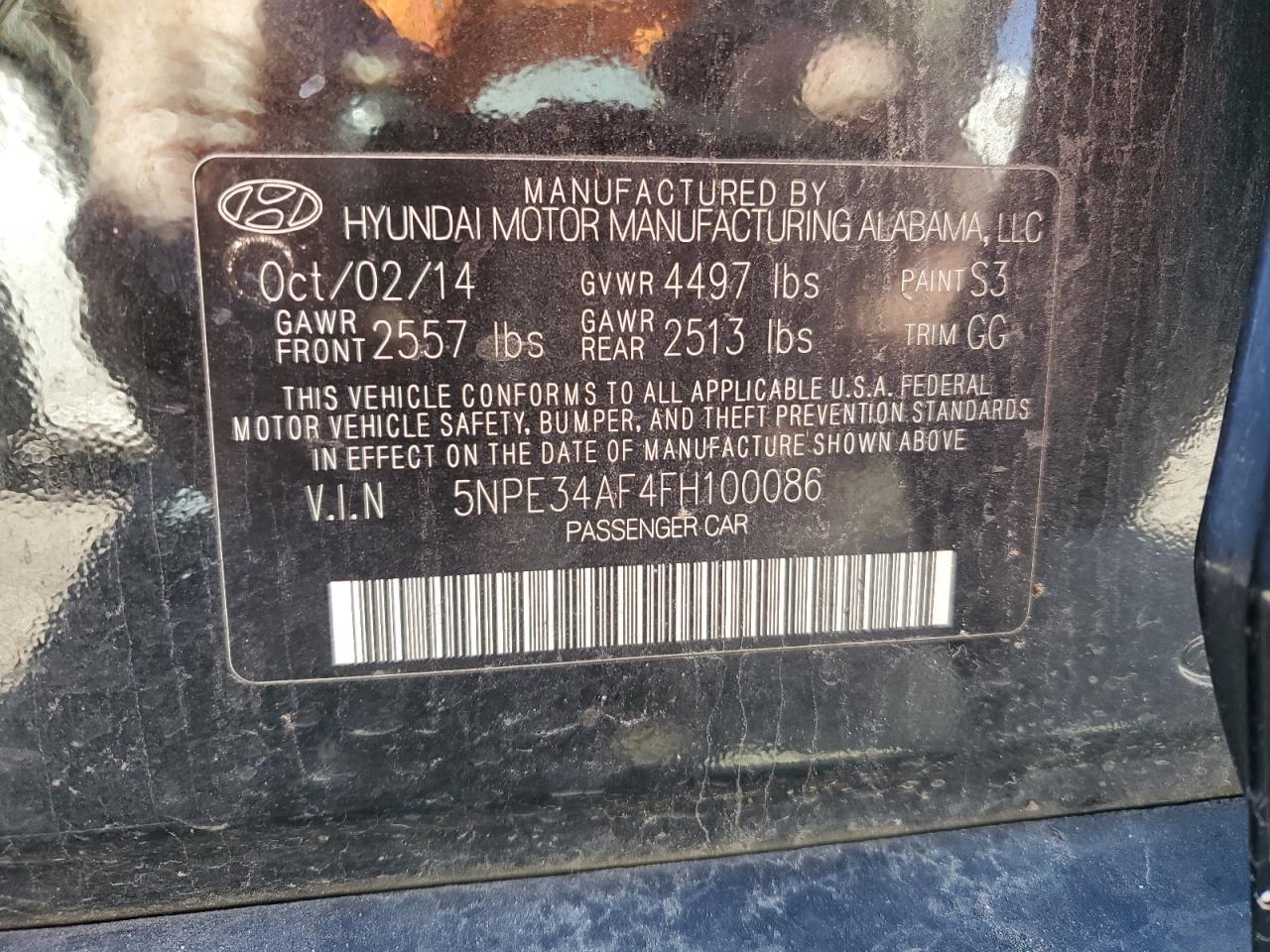 VIN 5NPE34AF4FH100086 2015 HYUNDAI SONATA no.12