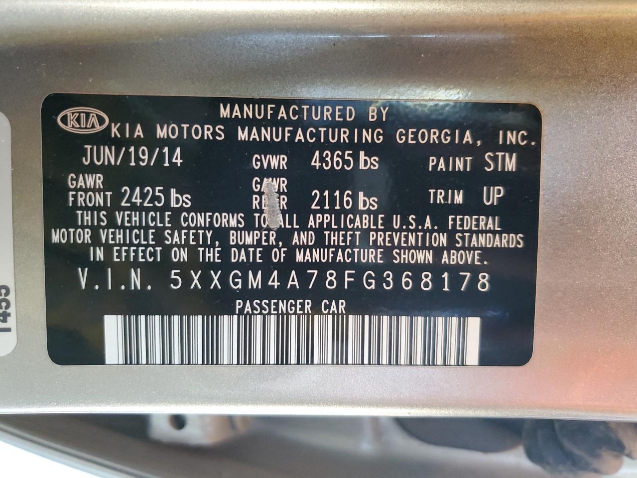 VIN 5XXGM4A78FG368178 2015 KIA OPTIMA no.12