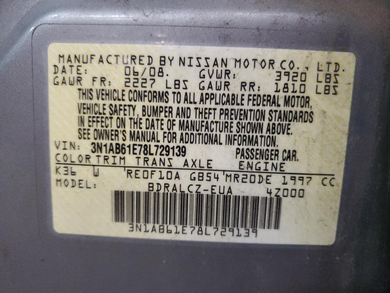 2008 Nissan Sentra 2.0 VIN: 3N1AB61E78L729139 Lot: 88950885