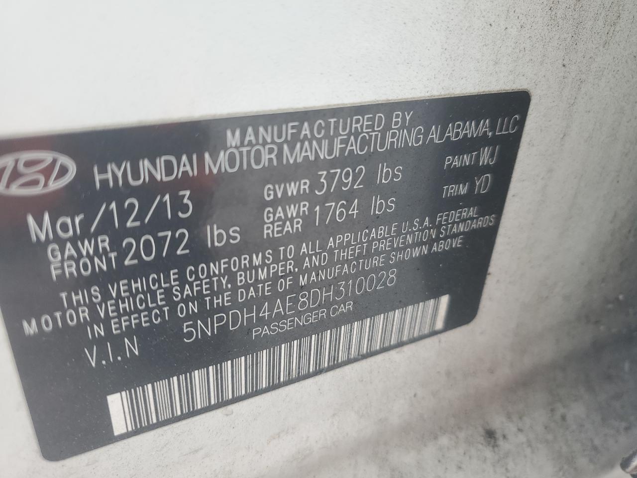 2013 Hyundai Elantra Gls VIN: 5NPDH4AE8DH310028 Lot: 87888575