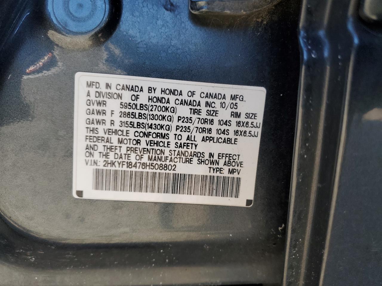 2006 Honda Pilot Ex VIN: 2HKYF18476H508802 Lot: 89174585