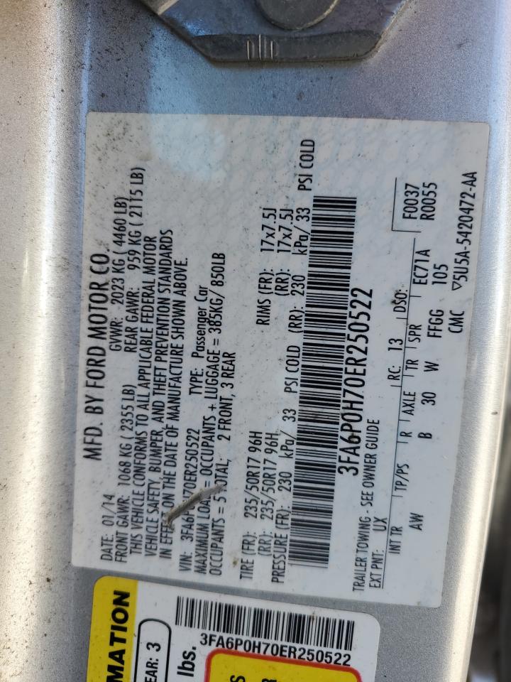 2014 Ford Fusion Se VIN: 3FA6P0H70ER250522 Lot: 50691135